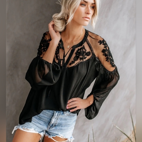NEW Boho Embroidered Lace Sheer Bishop Sleeve Peasant Blouse Top Black - Picture 7 of 12